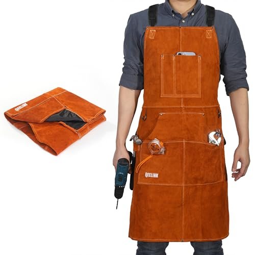 QeeLink Leather Welding Work Shop Apron with 6 Tool Pockets