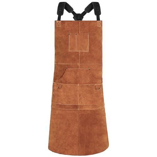 QeeLink Leather Welding Apron with 6 Pockets Heat Resistant
